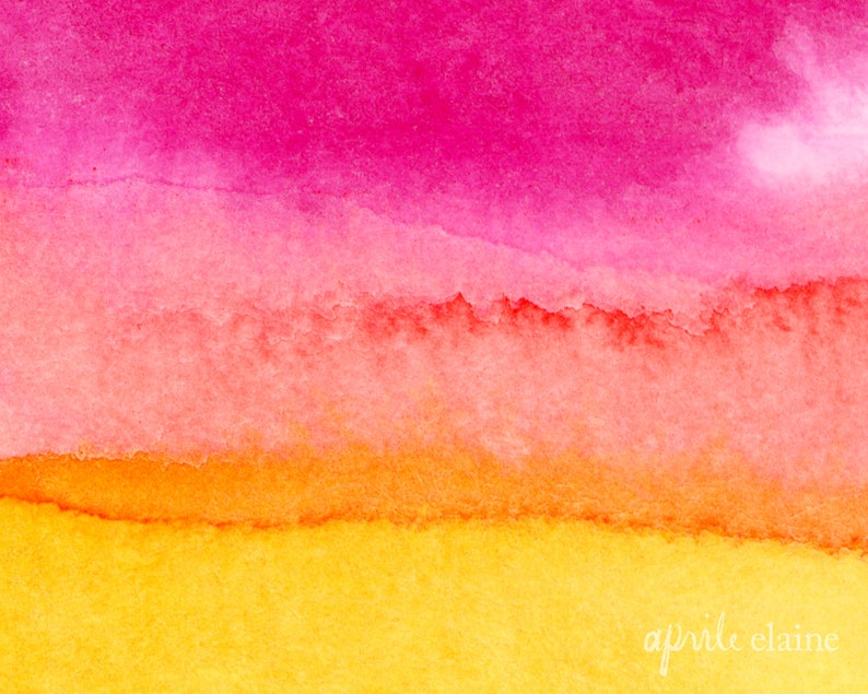 May include: Abstract watercolour painting with a gradient of pink, orange, and yellow colours. The colours blend together seamlessly, creating a soft and dreamy effect. The painting is signed "aprile elaine" in the bottom right corner.