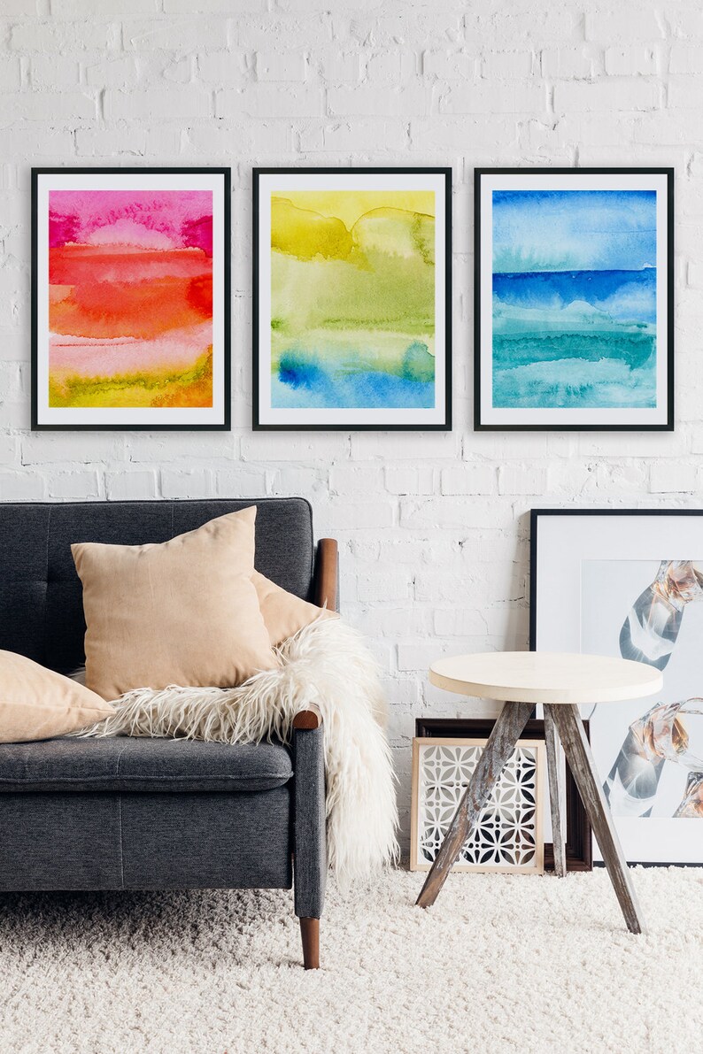 Set of 3 Prints, Bright Color Watercolor Prints, Downloadable Wall Art ...