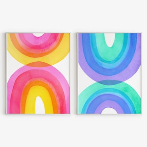 Rainbow Wall Art Prints, Set of 2 Colorful Watercolor Art Prints, Bright Color Abstract Art Prints, Vibrant Painting, Maximalist Home Decor