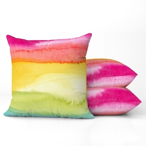 Rainbow Throw Pillow, Bright Color Accent Pillow, Boho Home Decor, Square Couch Pillow and Insert, Colorful Watercolor Pillow