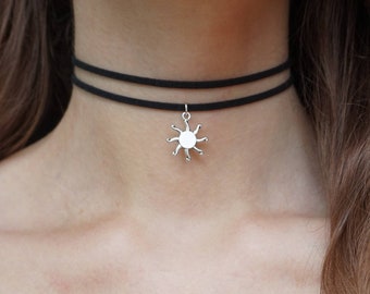 Sun choker Sun necklace Sun charm choker Double choker Pendant choker Dainty choker Faux suede choker Girlfriend gift Vegan choker Choker