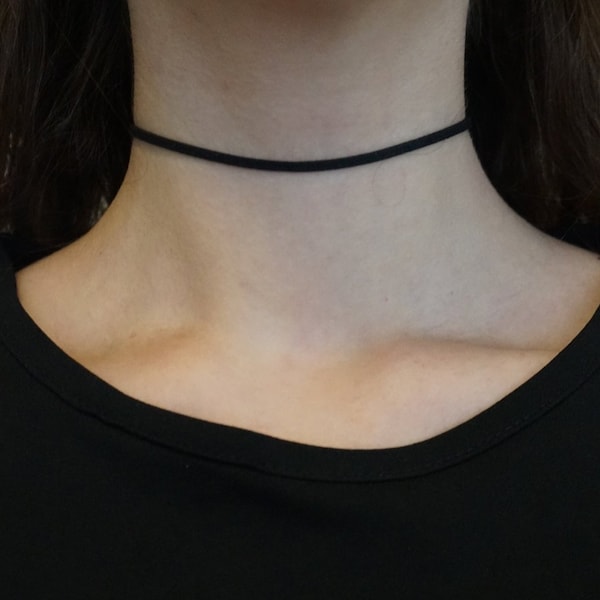 Black thin choker Thin necklace Suede choker String choker Girlfriend gift Gift for her Vegan choker Adjustable choker Simple black choker