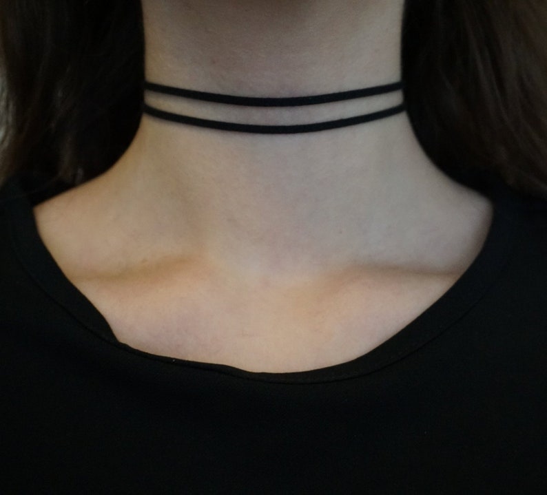 Double black choker Double necklace Suede choker String choker Ribbon choker Adjustable choker Simple black choker Thin choker Gift for her image 1