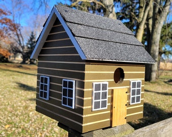 Log Cabin Birdhouse, Log Bird House, Cabin Birdhouse, Handmade Birdhouse, Outdoor Wood Birdhouse,  Unique Birdhouse, Wooden Birdhouse