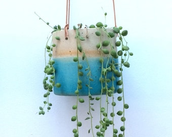 Turquoise handmade ceramic stoneware hanging planter (medium)