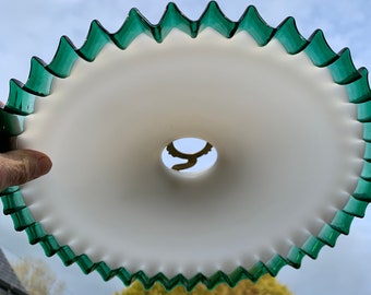 French Glass Ceiling Shade White Milk Glass with Green Frill Trim , Opaline Lamp Shade with with Brass Gallery