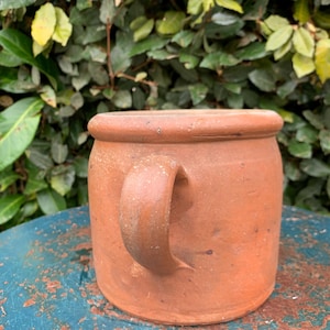 Op de afbeelding: Een rustieke, terracotta-kleurige mok met een afgeronde body en een gebogen handvat. De mok heeft een licht getextureerd oppervlak en een brede rand. De achtergrond toont groen gebladerte.