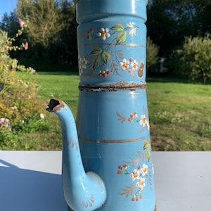 Può includere: Una caffettiera vintage in smalto azzurro con un lungo beccuccio e un manico. La caffettiera è decorata con motivi floreali bianchi, verdi e dorati. La caffettiera mostra segni di età con un po' di ruggine sui bordi.