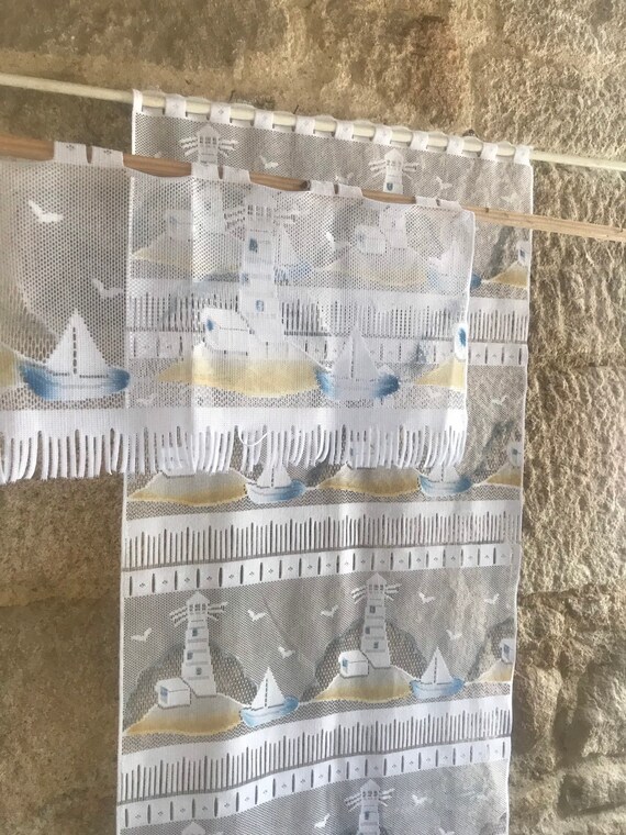 A Set Of White French Cafe Curtains Lighthouse Design Lace Etsy
