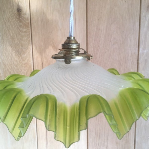 French Vintage Green and White Glass Ceiling , Pendant Light Shade