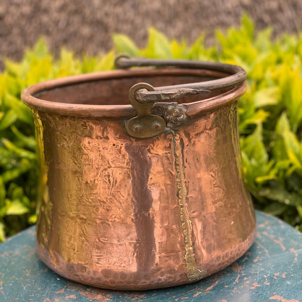 Copper Bucket Woodstore Pot Planter Vintage French Copper Cuisine , Herb Planter ,Garden Decor , wood kindle store