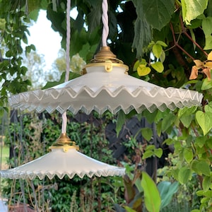 French Opaline Pendant Shade in white opaline glass with a transparent crinkle edge.