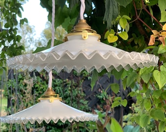 French Opaline Pendant Shade in white opaline glass with a transparent crinkle edge