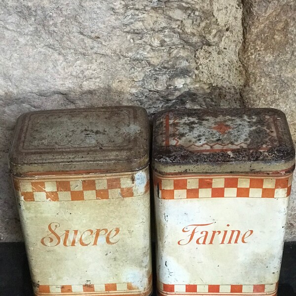 French Kitchen Storage Canisters Sucre Farine  patterned Tin Canisters - Vintage Kitchen , Kitchen Storage