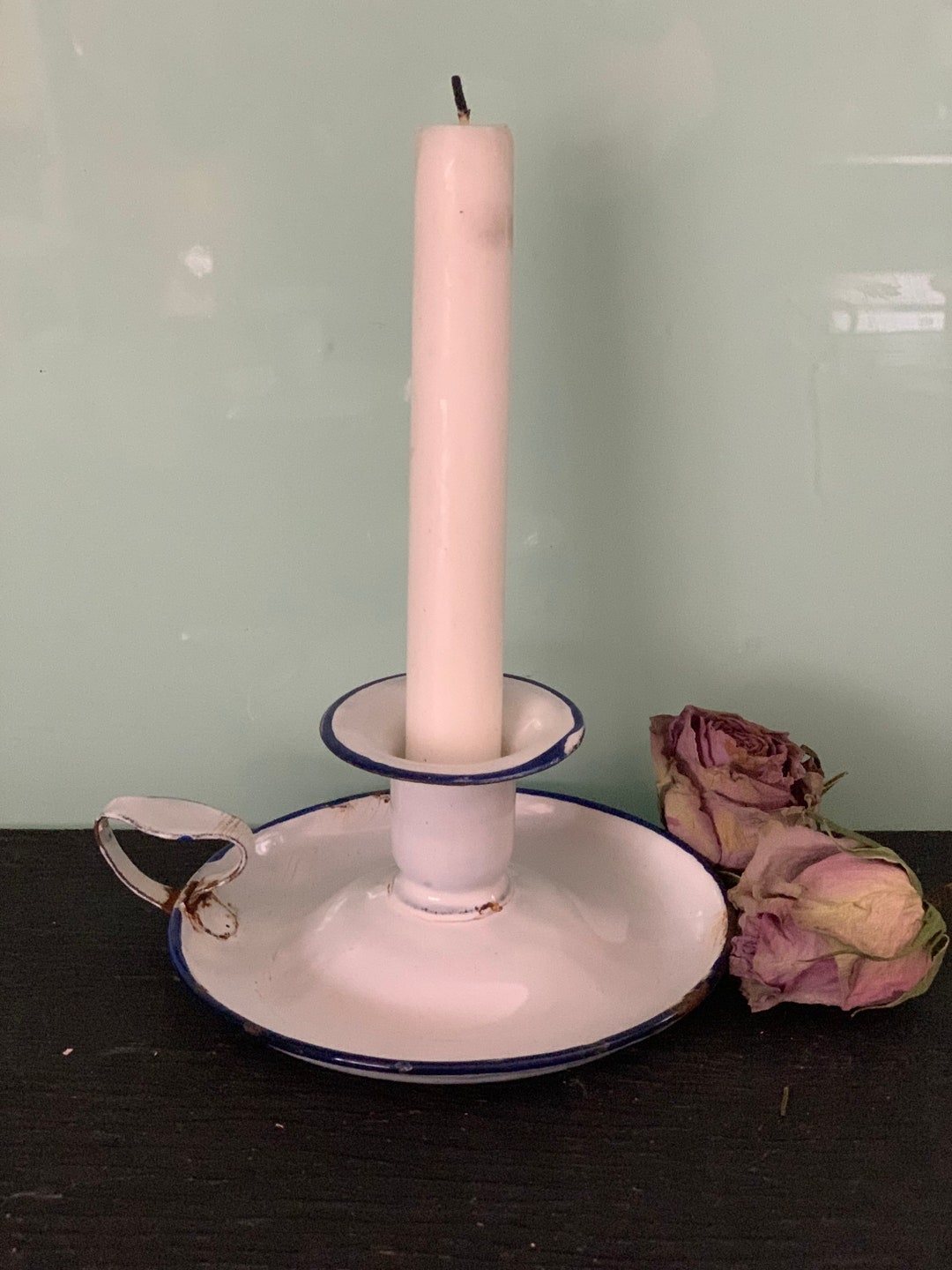 French Enamel Candle Holder, Vintage Enamelware More Photos to Follow