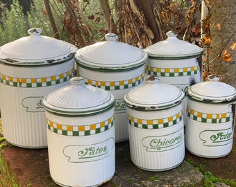 French Enamel Canister set , French  yellow and green Cuisine  Kitchen Storage