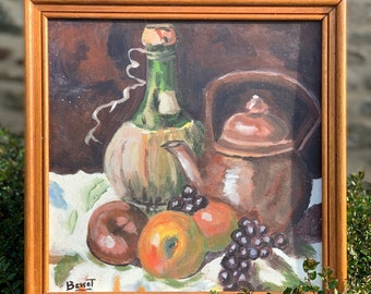 Still Life Oil Painting on a wooden Board French Vintage