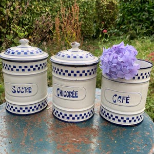 French Enamel Canister set , French Blue and White Cuisine  Kitchen Storage