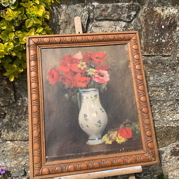 Floral Oil Painting on Canvas French Vintage Signed