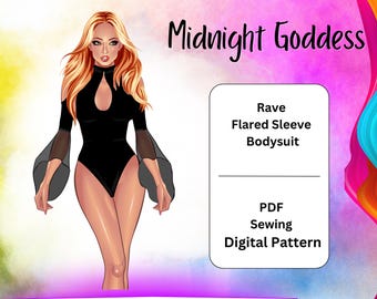 Midnight Goddess Bodysuit Sewing Pattern - DIY Rave and Swimwear with Flare Mesh Sleeves - PDF Digital Download
