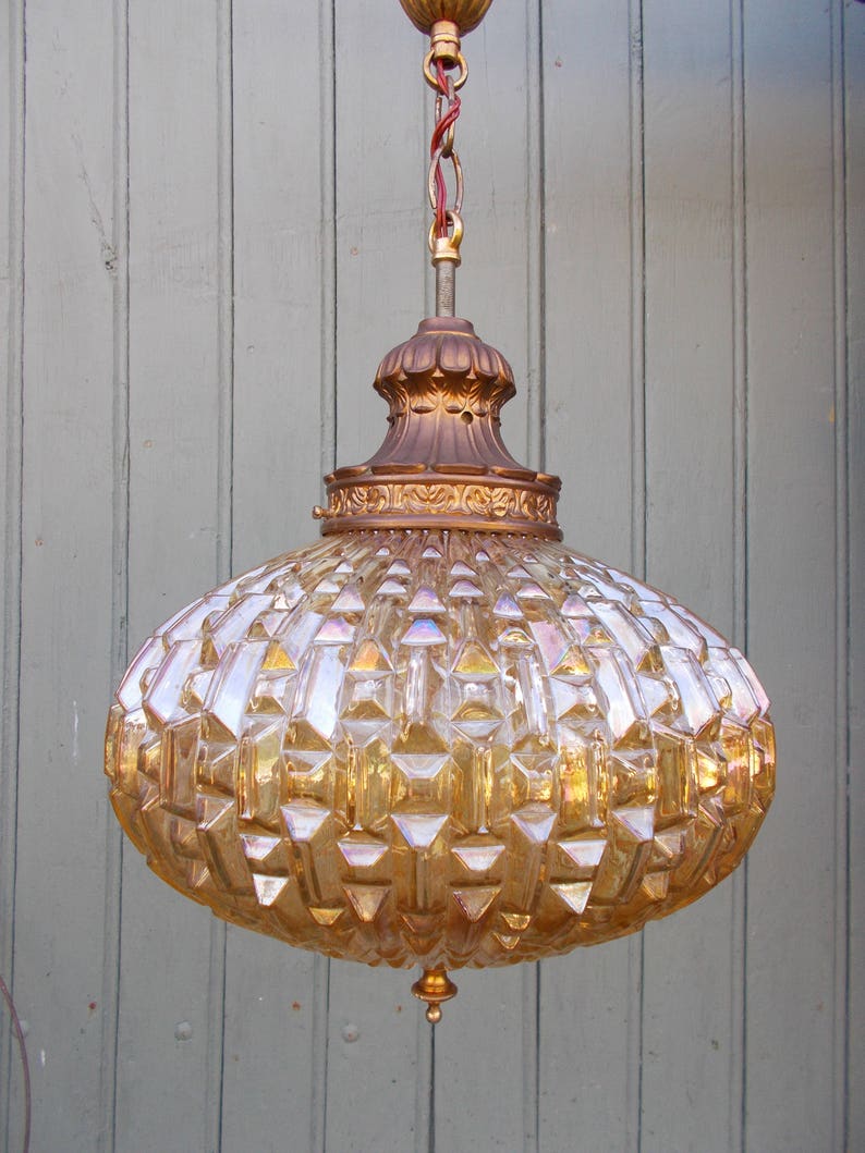 Vintage Amber Glass Hanging Light Pendant Lamp Mid Century