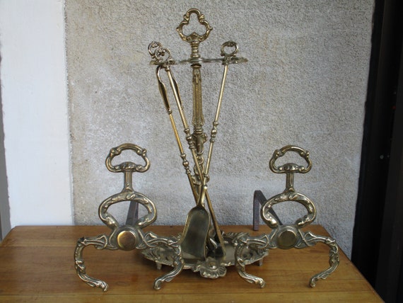 French Louis Xv Style Brass Fireplace Tools Companion Set - Antique French Fireplace Tools French Louis Xv Style Brass Fireplace Tools Companion Set - Antique French Fireplace Tools