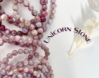 Unicorn stenen armband, lepidoliet en roze toermalijn, één stuk, rekbaar koord, kristallen sieraden, kralen armbanden, helende kristallen