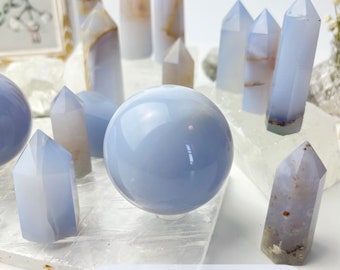 Blue Chalcedony, Point Tower Sphere, You Choose, Soft Blue Crystals, Stone of Calmness, Matrix Host Rock, Gift For Her