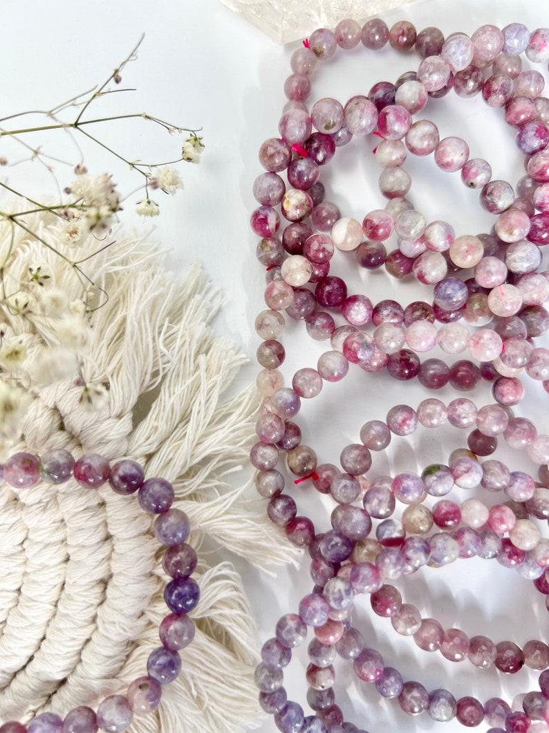 Unicorn Stone Bracelet, Lepidolite and Pink Tourmaline, One Piece, Stretchy Cord, Crystal Jewelry, Beaded Bracelets, Healing Crystals image 3