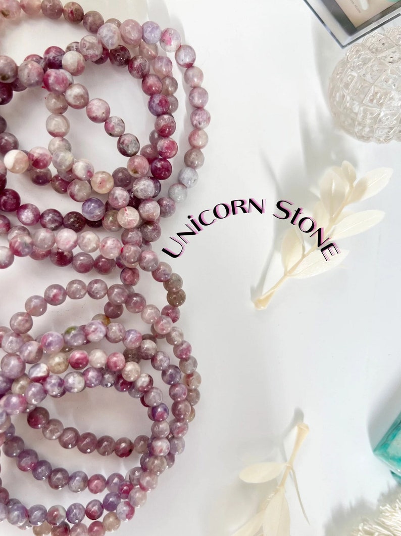 Unicorn Stone Bracelet, Lepidolite and Pink Tourmaline, One Piece, Stretchy Cord, Crystal Jewelry, Beaded Bracelets, Healing Crystals image 1