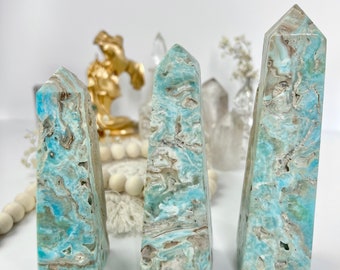 Blue Aragonite Obelisk Tower: Natural Crystal Statement Piece