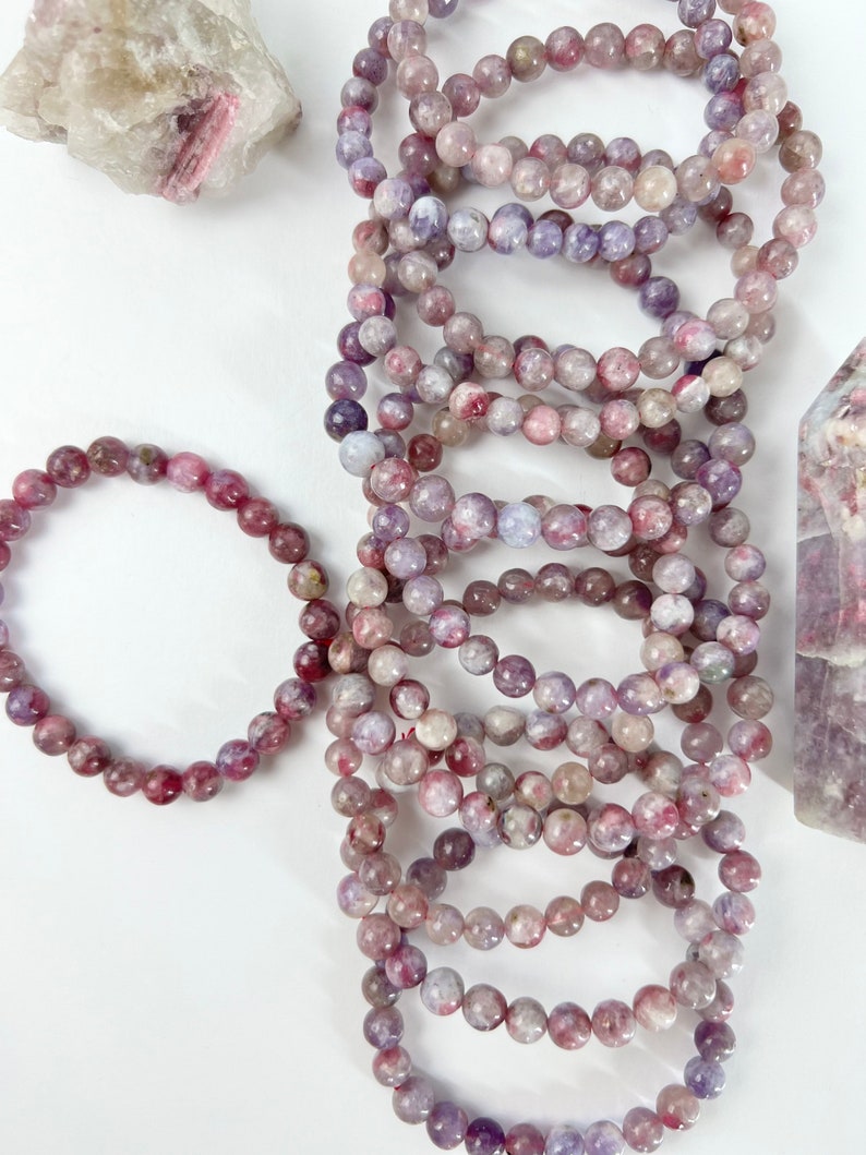 Unicorn Stone Bracelet, Lepidolite and Pink Tourmaline, One Piece, Stretchy Cord, Crystal Jewelry, Beaded Bracelets, Healing Crystals image 4
