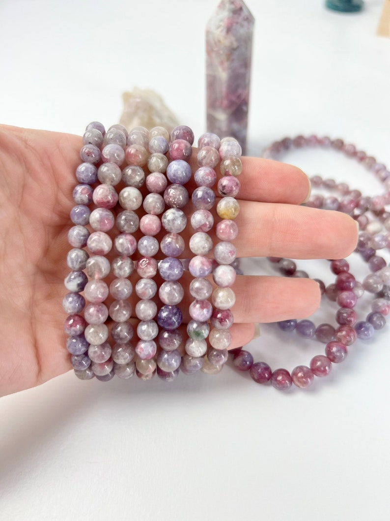 Unicorn Stone Bracelet, Lepidolite and Pink Tourmaline, One Piece, Stretchy Cord, Crystal Jewelry, Beaded Bracelets, Healing Crystals image 9