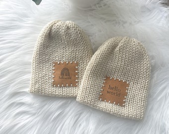 Hello World Newborn Hat // Handmade hat for baby, infant winter beanie, newborn photo prop hat, Welcome baby gift