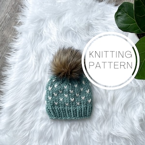 May include: A teal blue knitted hat with a white heart pattern and a brown faux fur pom pom. The hat is on a white fluffy surface. The text "Knitting Pattern" is in a white circle on the right side of the image.