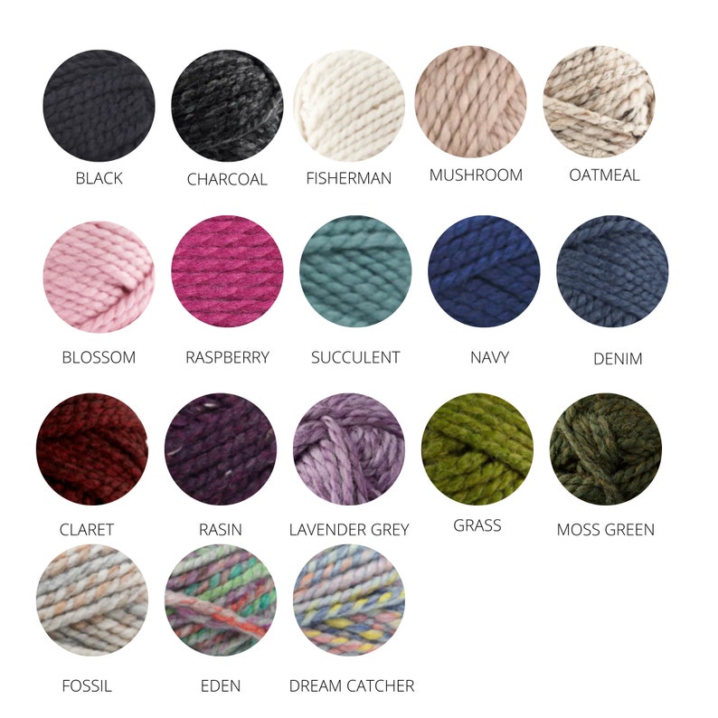 May include: A colour chart of yarn samples in various colours, including black, charcoal, fisherman, mushroom, oatmeal, blossom, raspberry, succulent, navy, denim, claret, rasin, lavender grey, grass, moss green, fossil, eden, and dream catcher.