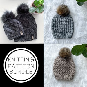 May include: Knitting pattern bundle for three hats with faux fur pom poms. The hats are gray, brown, and black. The text "Knitting Pattern Bundle" is in a white circle on a black background.