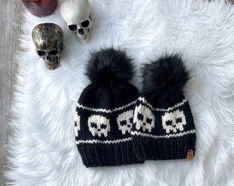 Skull Beanie // Halloween Knit hat, Halloween costume for kids, Adult knit hat, toddler winter hat, skull hat, pompom hat, knit beanie