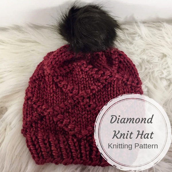 Diamond Knit Hat Pattern, Winter Knitted Hat Pattern, Adult Winter Beanie, Slouchy Beanie, Pattern for Winter Hat