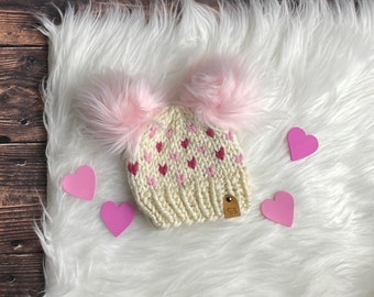 Valentine's Day Tiny Heart Knit Hat// Hand knit beanie for kids, winter hat, pompom beanie, adult winter hat, mommy and me hats,