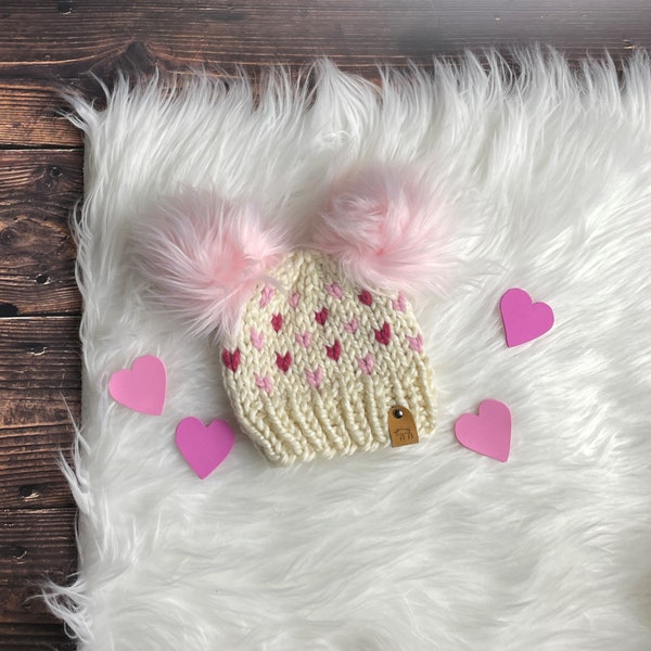 Valentine's Day Tiny Heart Knit Hat// Hand knit beanie for kids, winter hat, pompom beanie, adult winter hat, mommy and me hats,