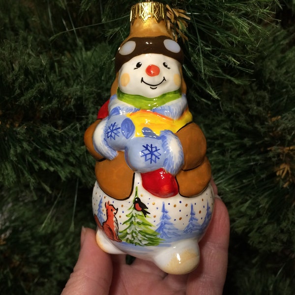 Christmas tree toy, Soviet glass, fairy tale, from the USSR, hand-painted, toy, snowman, snowman, tree, Christmas, in a hat, pilot