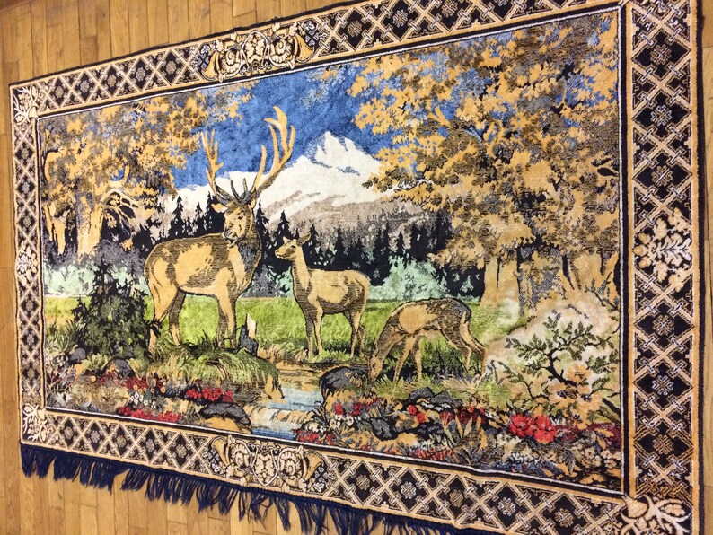 103 # Vintage blanket cover Plush decorations of the Soviet period 50-60 years of the USSR gobilen Reindeer Deer water river a Ukrainian