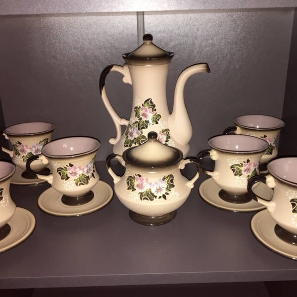 Ceramics, tea set, coffee set, coffee pot sugar bowl 6 cups 6 small plates 1980 ceramics retro Ukrainian vintage tea original ceramic set