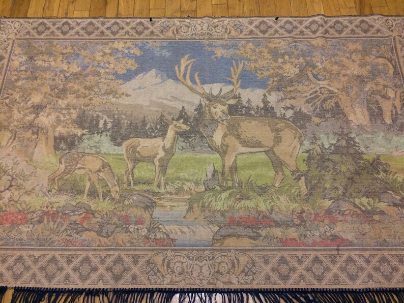 103 # Vintage blanket cover Plush decorations of the Soviet period 50-60 years of the USSR gobilen Reindeer Deer water river a Ukrainian