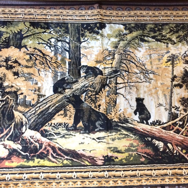 Tapis ancien, dessus de lit, peinture murale, velours, velours, peluche, de l'URSS des années 50-60, ukrainien, ours, forêt, jeu, Noël