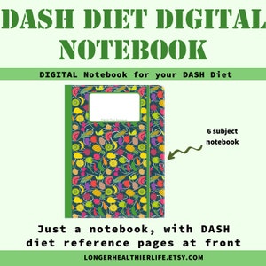 以下が含まれることがあります： カラフルなフルーツ柄のカバーが付いたデジタルノート。DASHダイエットで使用するためのノートです。カバーには「DASH Diet Notebook」の文字が書かれています。このノートは6つのセクションに分かれています。