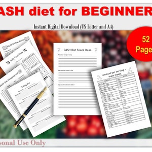 Puede incluir: Una guía de dieta DASH imprimible para principiantes con 52 páginas. La guía incluye un diario de alimentos diario, una lista de compras, ideas de recetas y una tabla para realizar un seguimiento de la ingesta de alimentos. La guía está diseñada para uso personal únicamente.