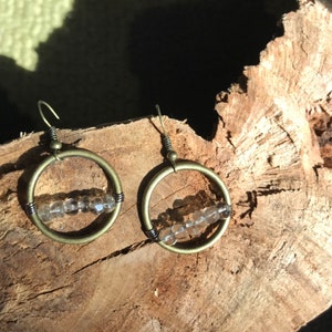 Brass hoop and smokey quartz earrings