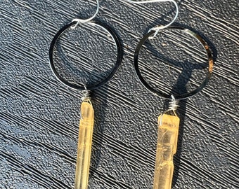 Yellow quartz and stainless hoop earrings